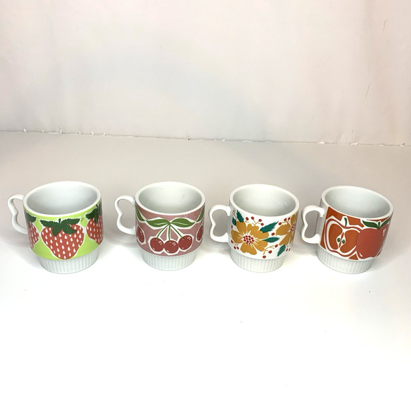 Nevco Japan Stackable Coffee Mugs Set Of 4 1960s MCM Fruit Floral - Picture 8 of 14